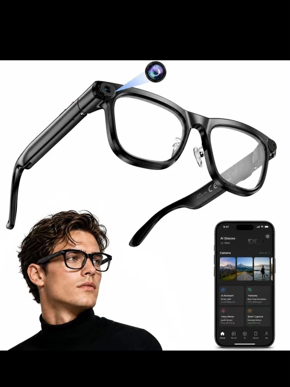 Smart Camera Glasses in Black with App Control